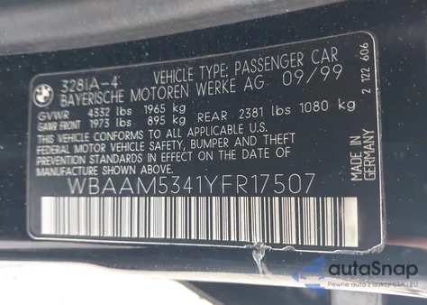 2000 BMW 328I from USA, damaged, VIN WBAAM5341YFR17507